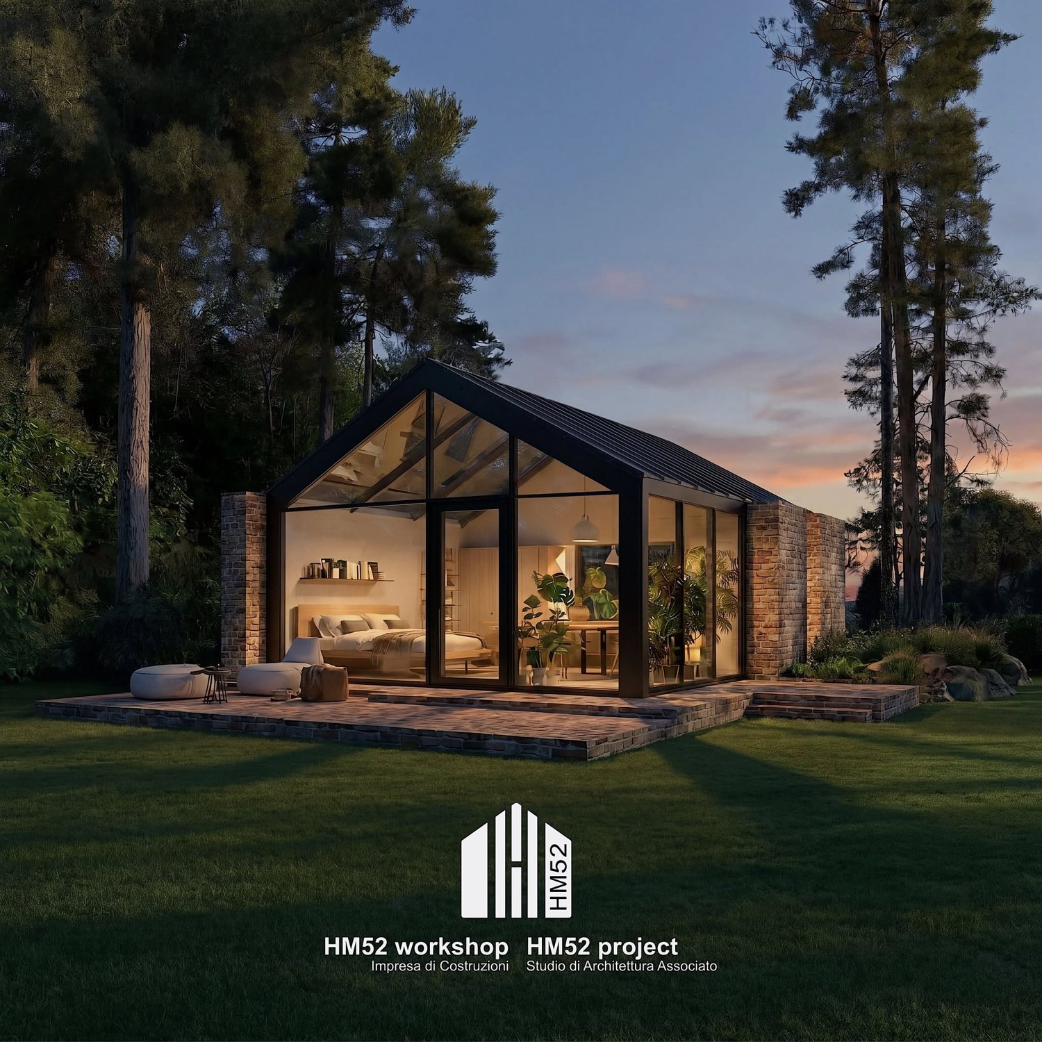 Cabin in legno e vetro nel bosco